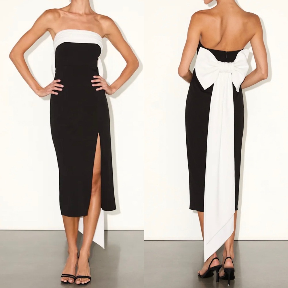NWOT Lulus Small Fabulous Phenomenon Black and White Strapless Bow
Midi Dress